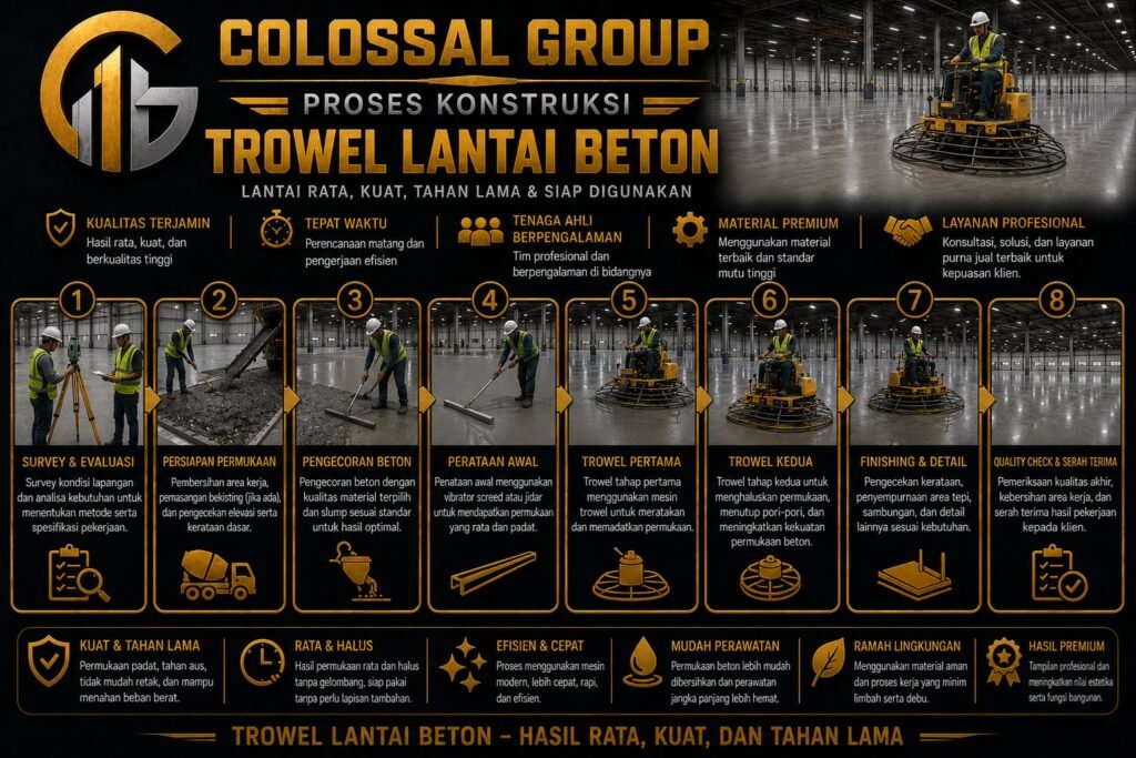 Jasa Trowel Beton Cakung 2026 Floor Hardener Halus COLOSSAL GROUP